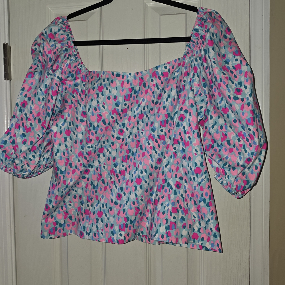 Lilly Pulitzer Pink and Teal Puff-Sleeve Square-Neck Top